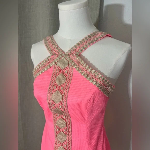 Women’s Preppy Lilly Pulitzer Ena Shift Dress Pink Size 00 Gold Embellishments - Picture 2 of 6